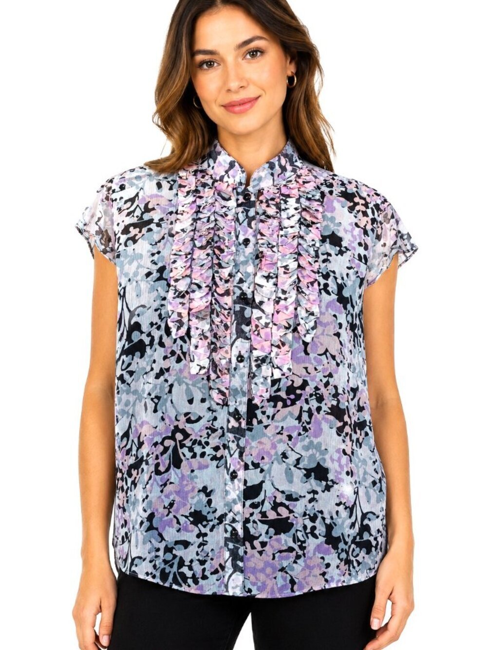 Kate Hill Button-Down Silk Print Ruffled Blouse